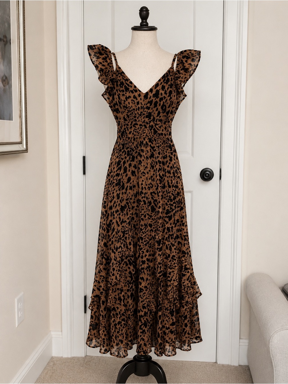 Altar'd State Brown and Black Leopard Maxi Dress with Ruffle Straps
